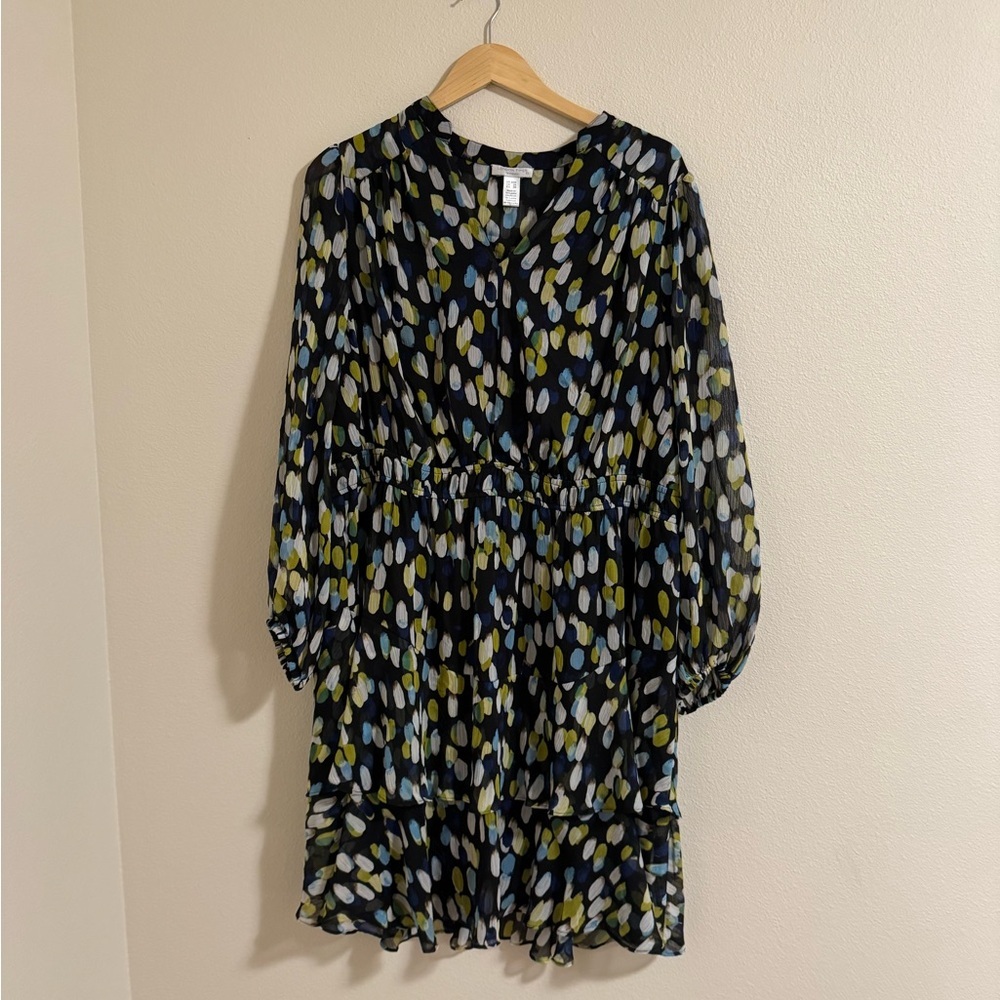 London Times Black and Blue Patterned Long Sleeve Dress